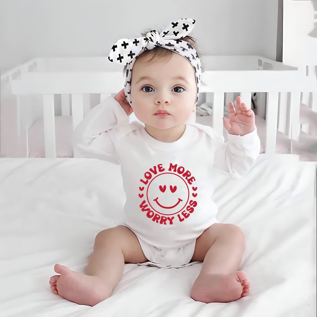 Valentine's Day Baby Bodysuit, Love More Worry Less Baby Outfit