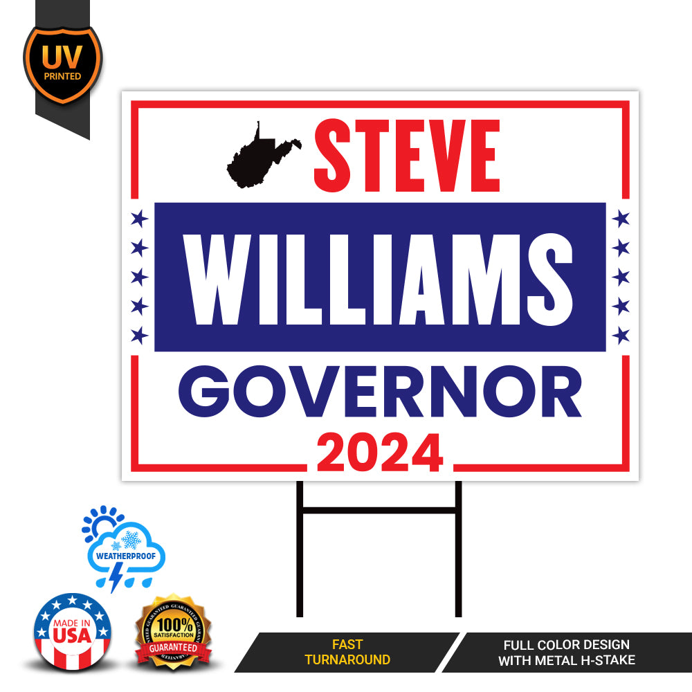 a political sign with the state of wisconsin in red, white, and blue