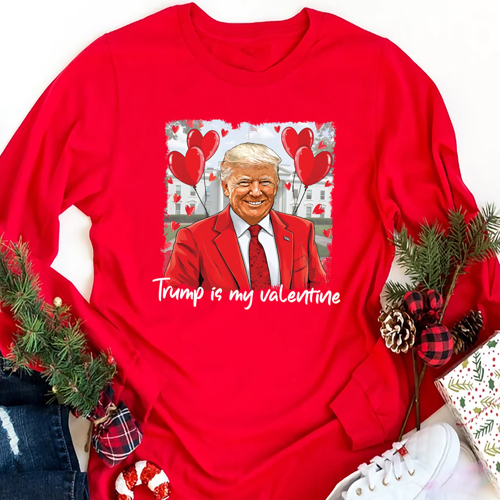 a red trump is my valentine t - shirt next to christmas decorations