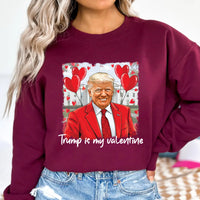 a woman wearing a trump is my valentine sweatshirt