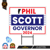 a political sign with the words phil scott in red, white, and blue