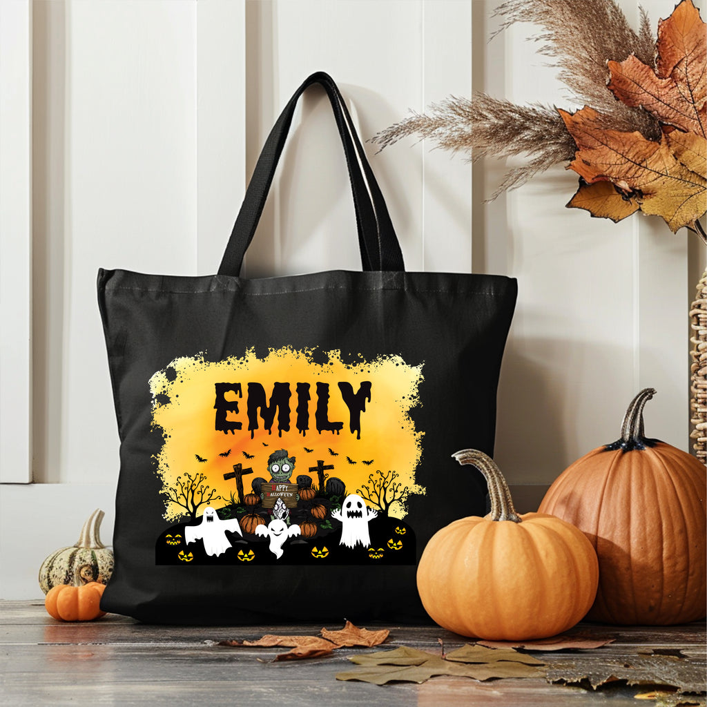 Personalized Halloween Tote Bag, Custom Name Trick or Treat Bag