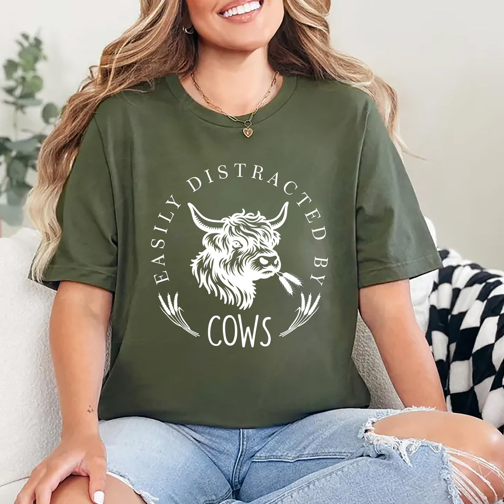 Easily Distracted By Cows Short Sleeve T-Shirt, Funny Cow Shirt