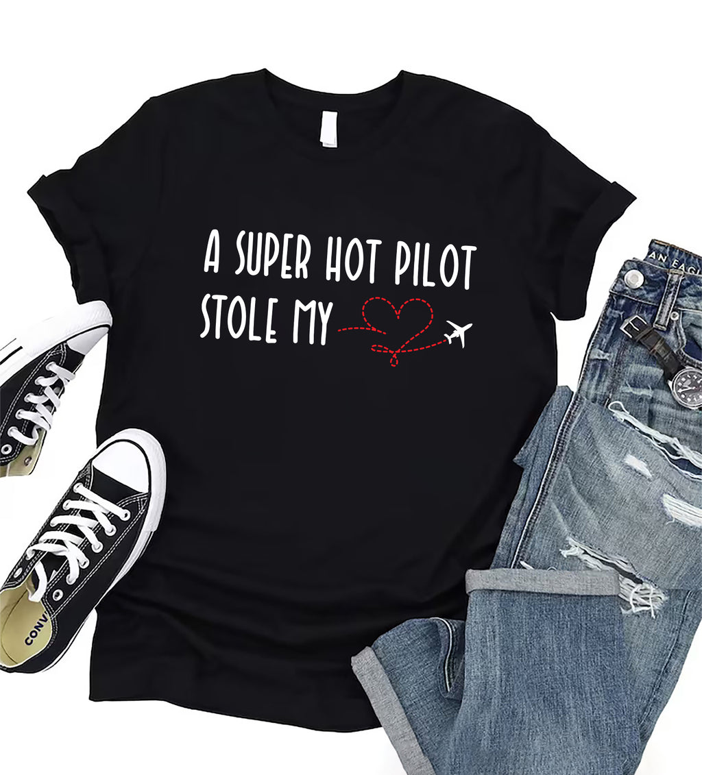 A Super Hot Pilot Stole My Heart Short Sleeve T-Shirt, Pilot Girlfriend Shirt, Pilot Wife Shirt