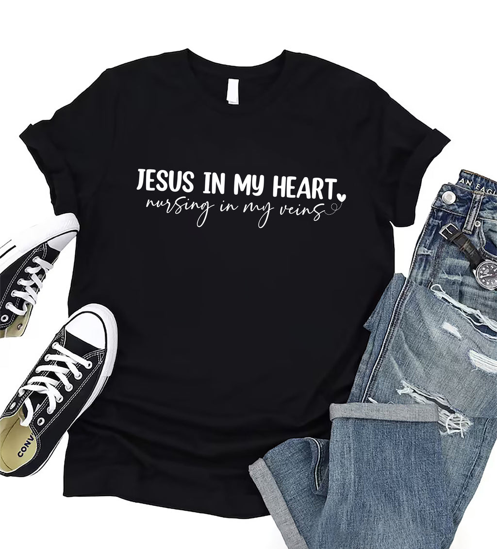 Jesus In My Heart Nursing In My Veins Short Sleeve T-Shirt, Jesus Nurse Shirt