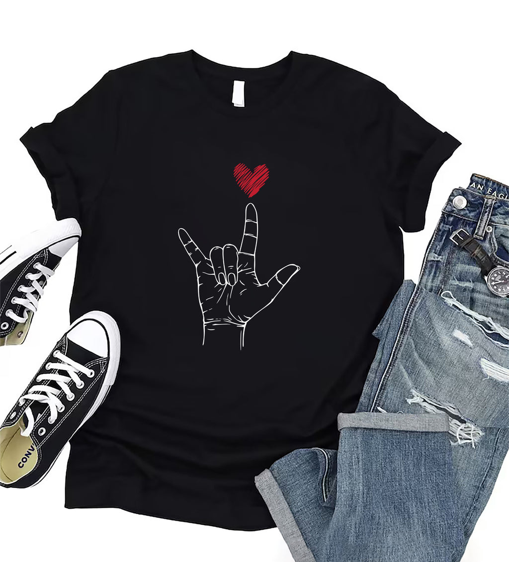 Valentine's Day I Love You ASL Short Sleeve T-Shirt, Heart Hand Sign Shirt