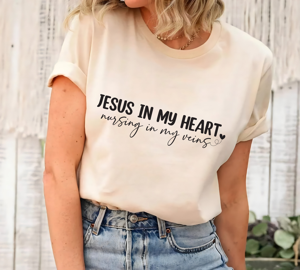 Jesus In My Heart Nursing In My Veins Short Sleeve T-Shirt, Jesus Nurse Shirt