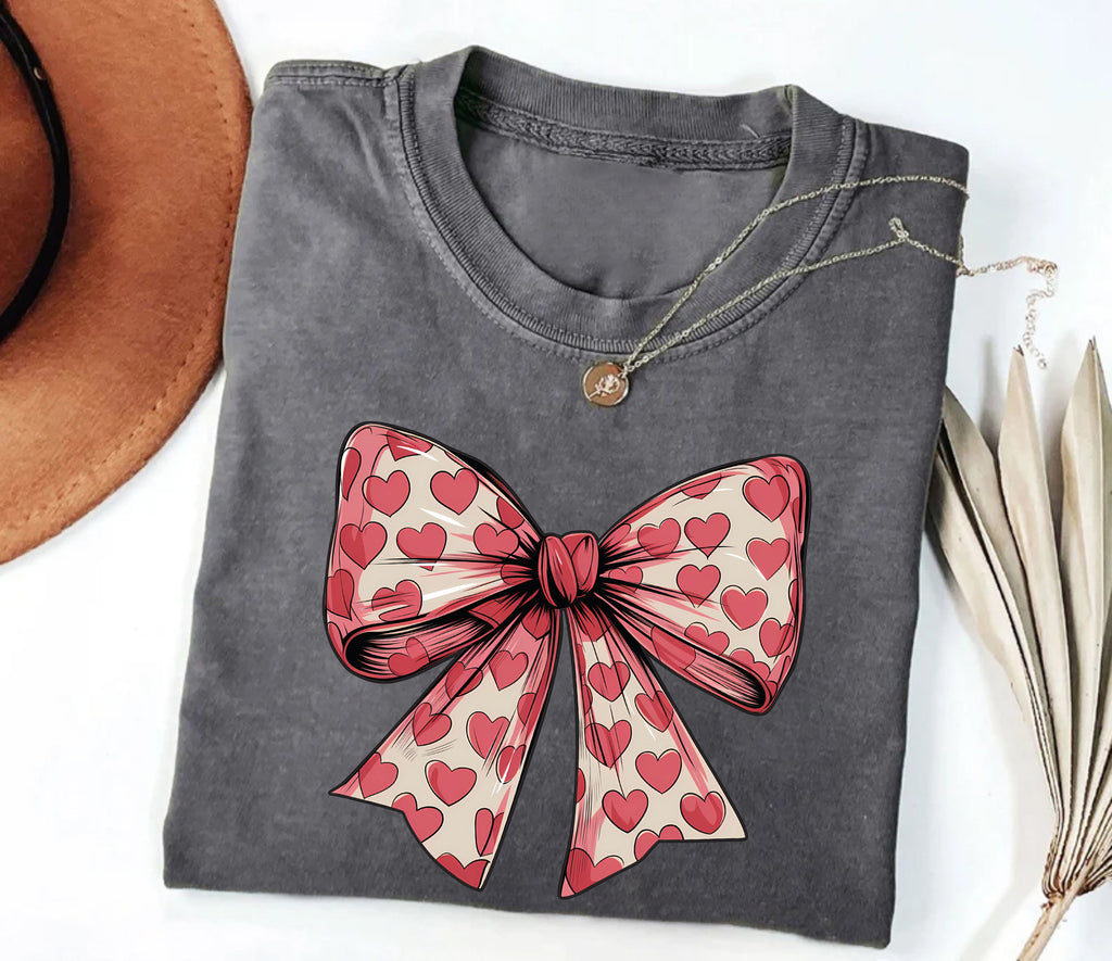 Coquette Valentine's Day Heart Bow Short Sleeve T-Shirt, Valentine's Day Bow Shirt