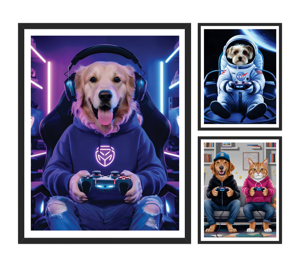 Custom Gamer Pet Portrait, Personalized Dog or Cat Painting, Gaming Gifts for Men Boyfriend Husband Son Dog Dad, Gaming Room Wall Art Poster