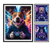 Custom Gamer Pet Portrait, Personalized Dog or Cat Painting, Gaming Gifts for Men Boyfriend Husband Son Dog Dad, Gaming Room Wall Art Poster