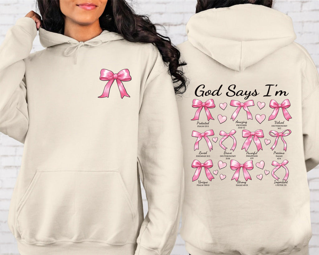 God Says I Am Coquette Bow Hoodie, Two-Sided Print Pullover Hoodie