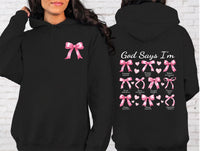 God Says I Am Coquette Bow Hoodie, Two-Sided Print Pullover Hoodie