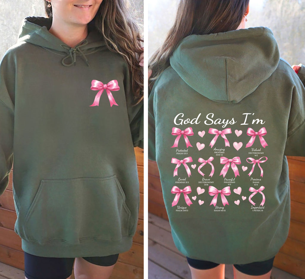 God Says I Am Coquette Bow Hoodie, Two-Sided Print Pullover Hoodie