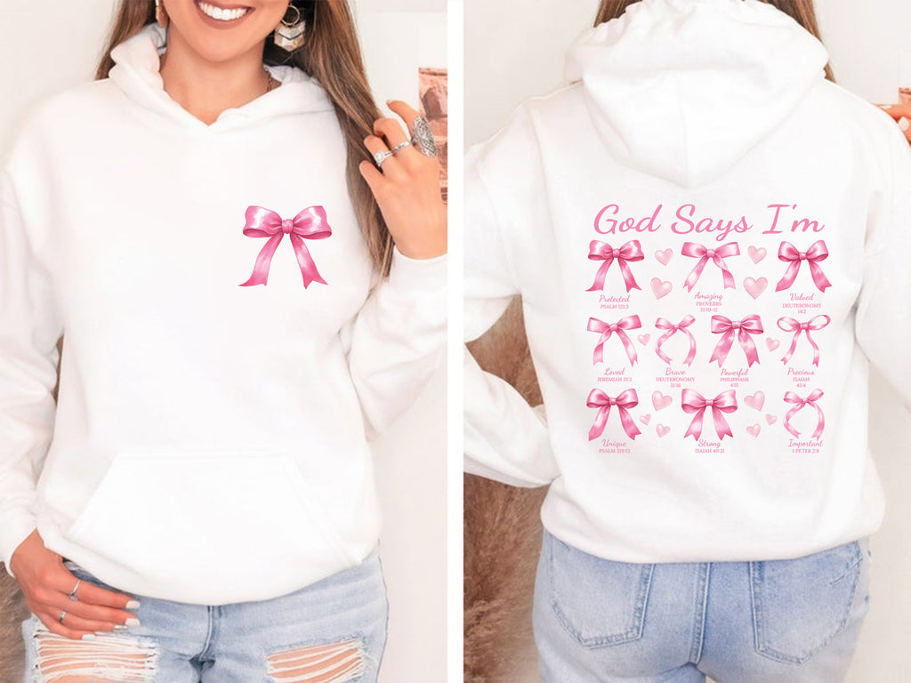 God Says I Am Coquette Bow Hoodie, Two-Sided Print Pullover Hoodie