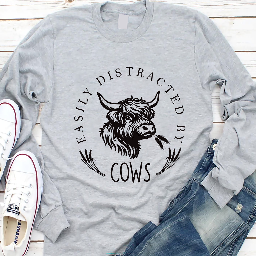 Easily Distracted By Cows Long Sleeve Shirt, Funny Cow Shirt