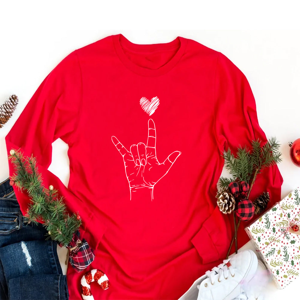 Valentine's Day I Love You ASL Long Sleeve Shirt, Heart Hand Sign Shirt