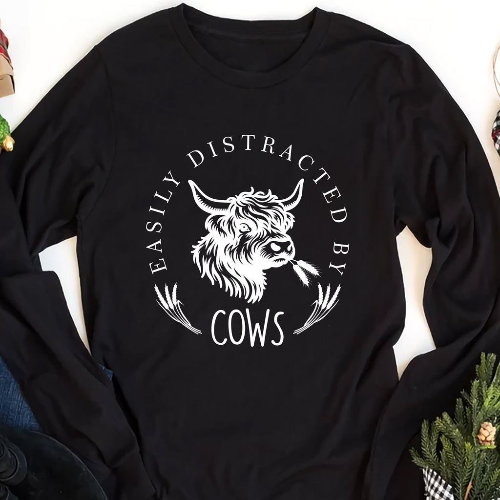 Easily Distracted By Cows Long Sleeve Shirt, Funny Cow Shirt