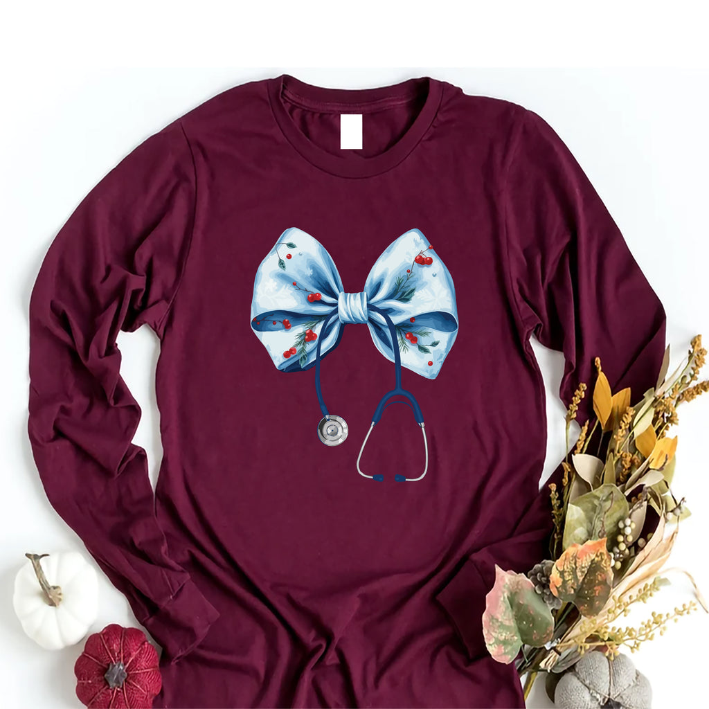 Coquette Nurse Stethoscope Bow Long Sleeve Shirt, Bow Stethoscope Shirt