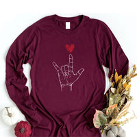 Valentine's Day I Love You ASL Long Sleeve Shirt, Heart Hand Sign Shirt