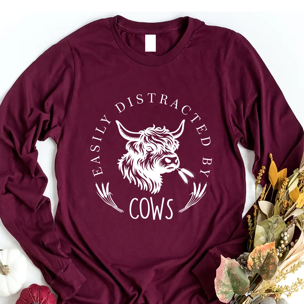 Easily Distracted By Cows Long Sleeve Shirt, Funny Cow Shirt