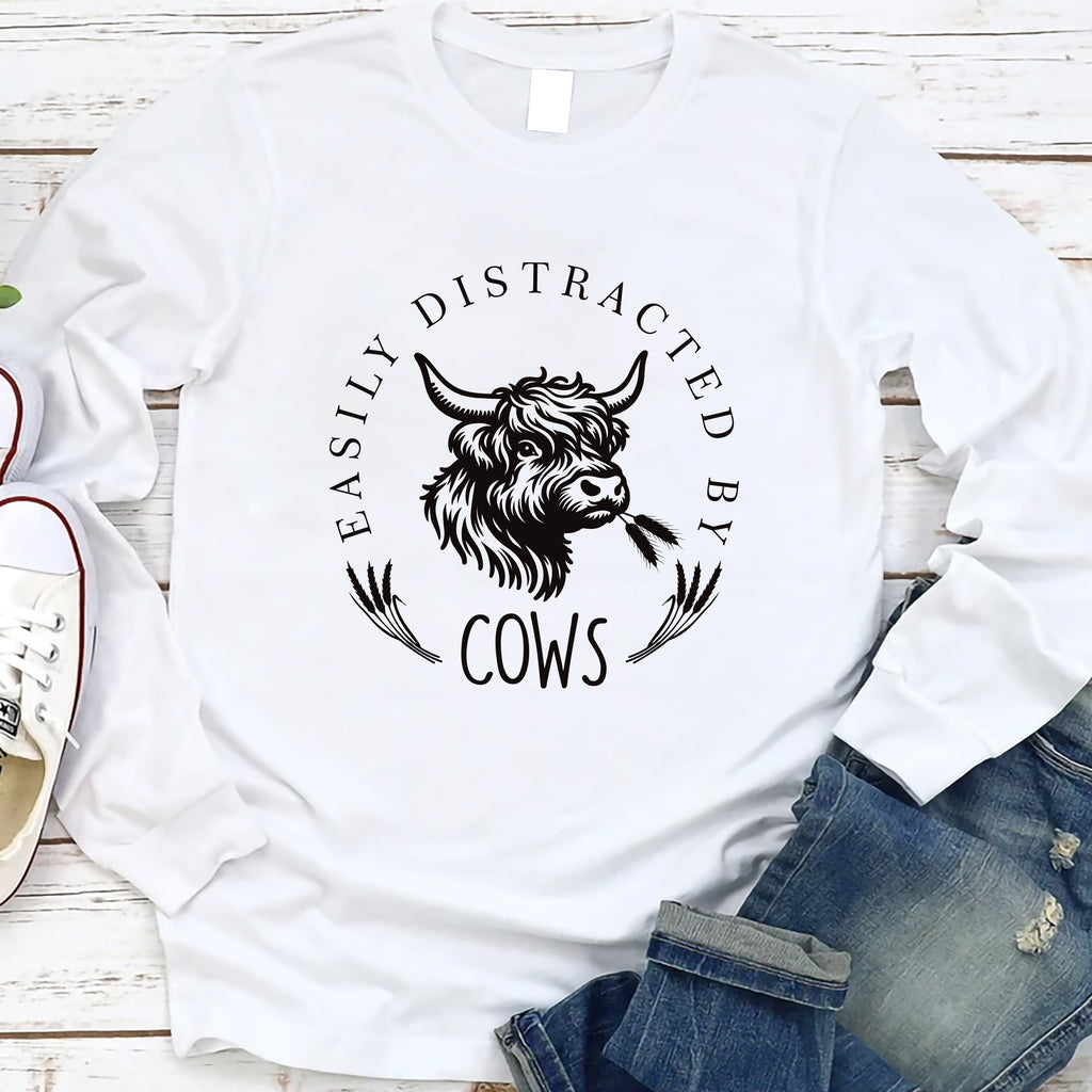 Easily Distracted By Cows Long Sleeve Shirt, Funny Cow Shirt