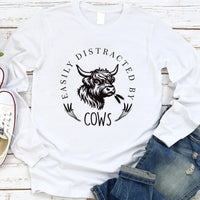 Easily Distracted By Cows Long Sleeve Shirt, Funny Cow Shirt