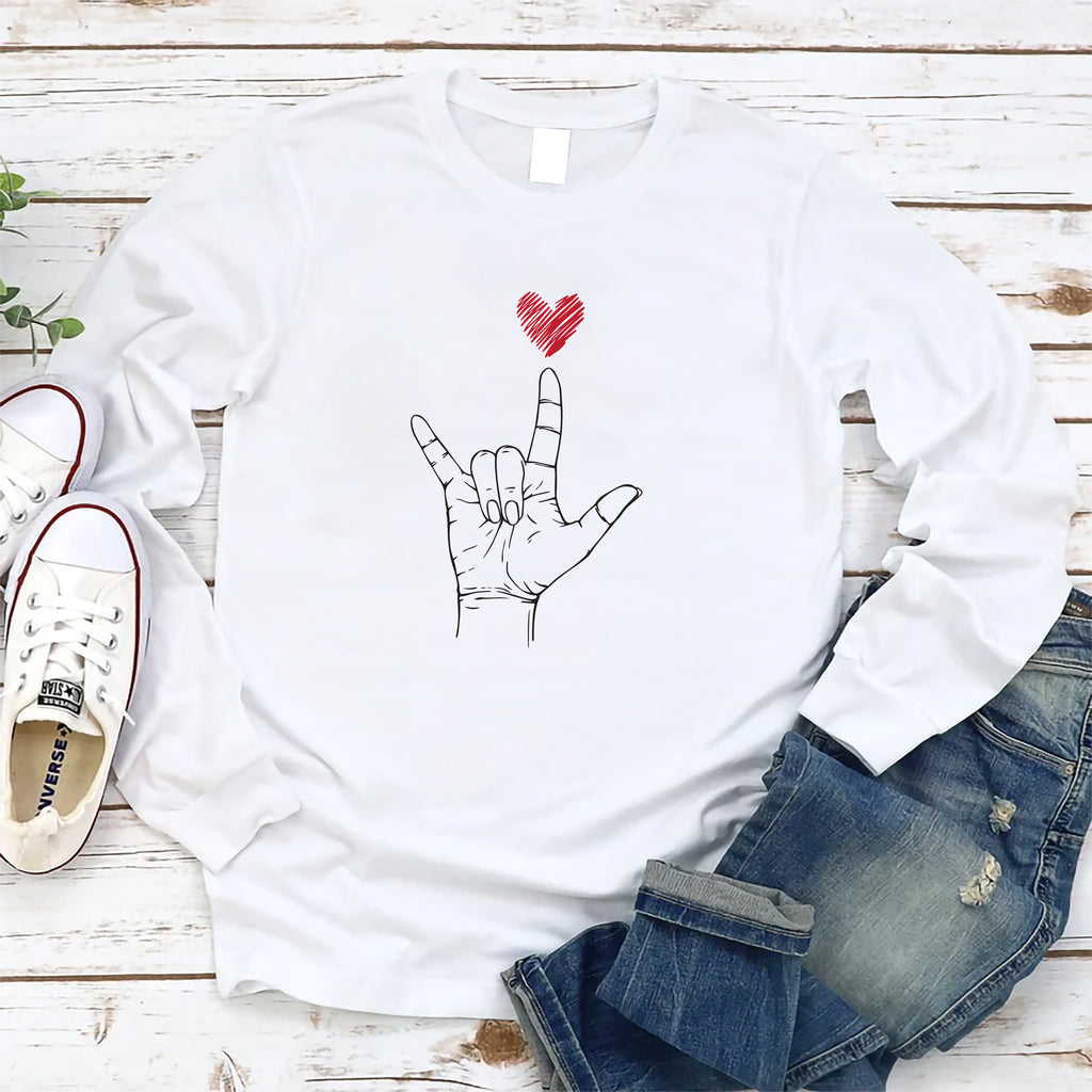 Valentine's Day I Love You ASL Long Sleeve Shirt, Heart Hand Sign Shirt