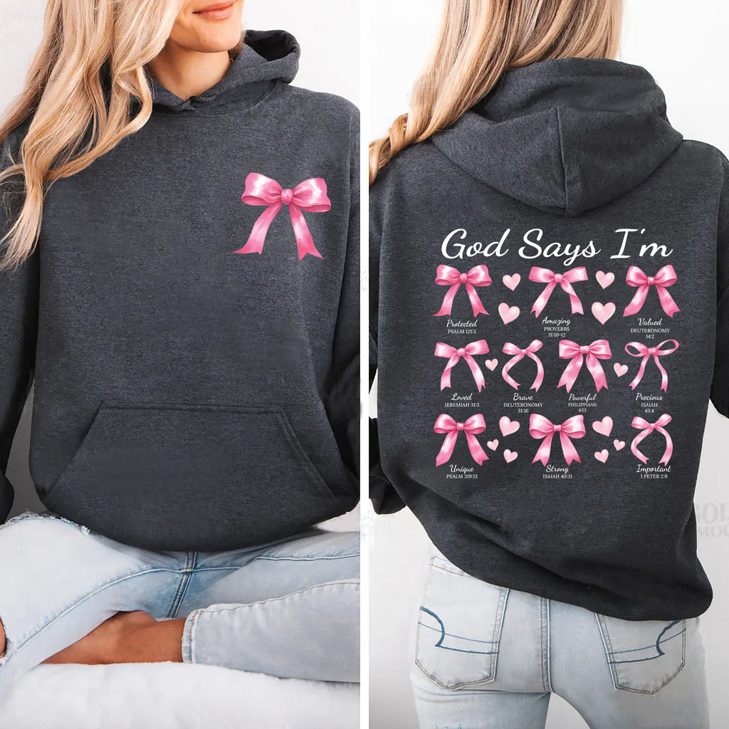 God Says I Am Coquette Bow Hoodie, Two-Sided Print Pullover Hoodie