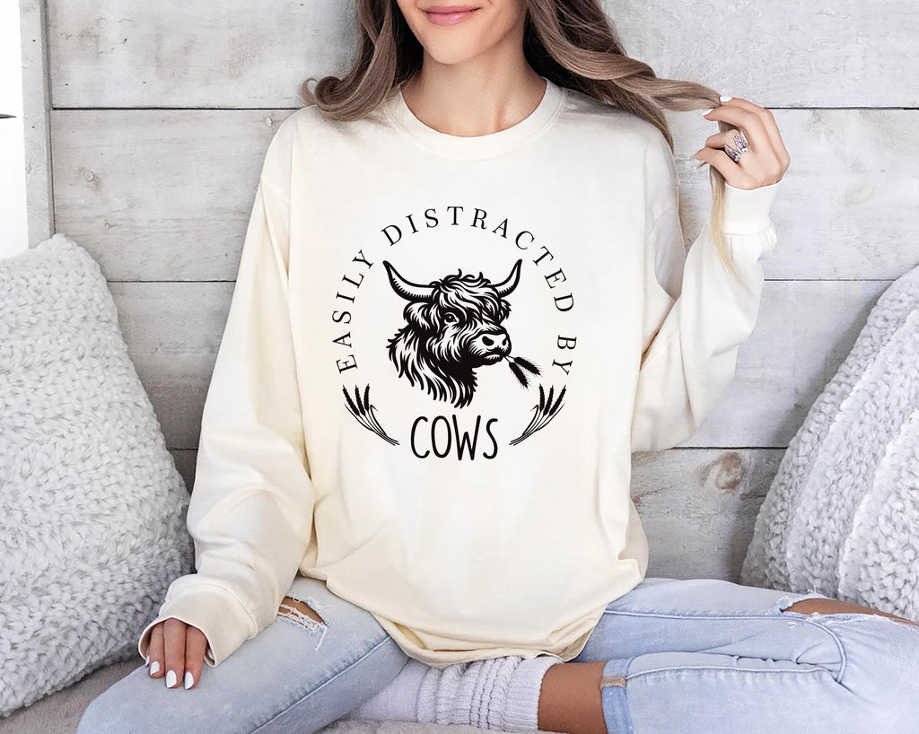 Easily Distracted By Cows Long Sleeve Shirt, Funny Cow Shirt