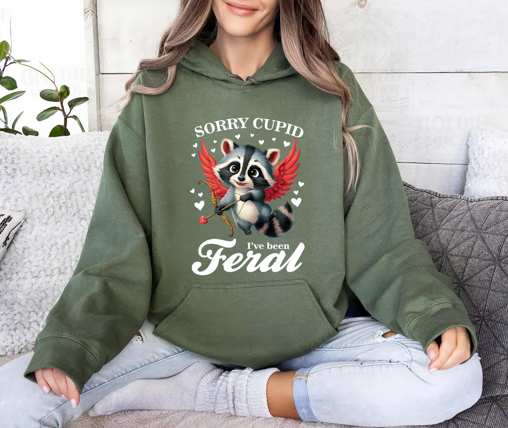 Sorry Cupid I've Been Feral Hoodie, Raccoon Valentine Pullover Hoodie