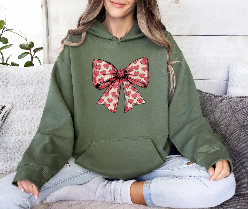 Coquette Valentine's Day Heart Bow Hoodie, Valentine's Day Bow Hoodie