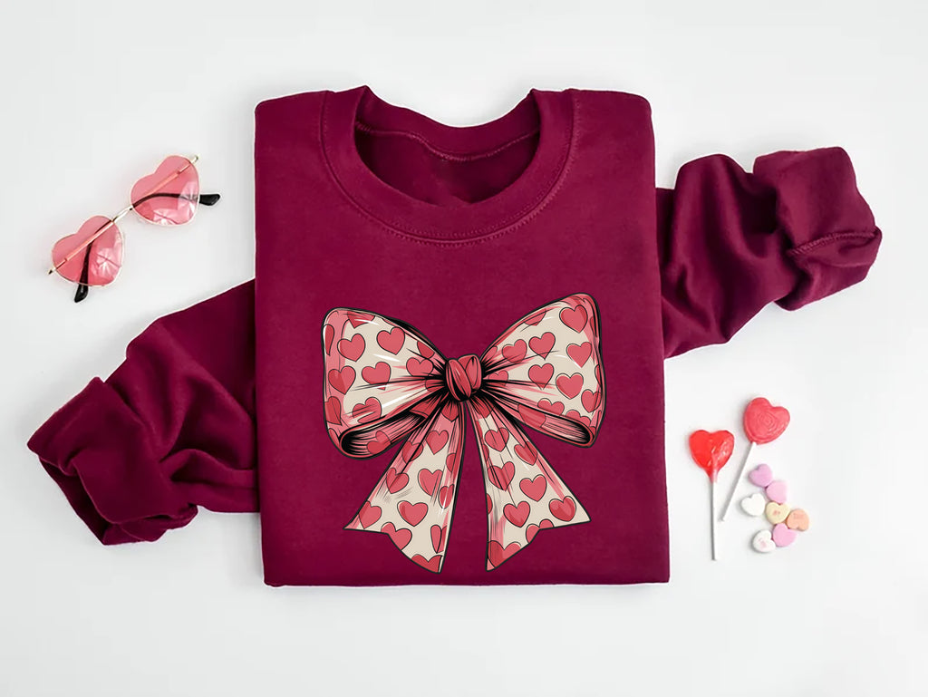 Coquette Valentine's Day Heart Bow Sweatshirt, Valentine's Day Bow Sweatshirt