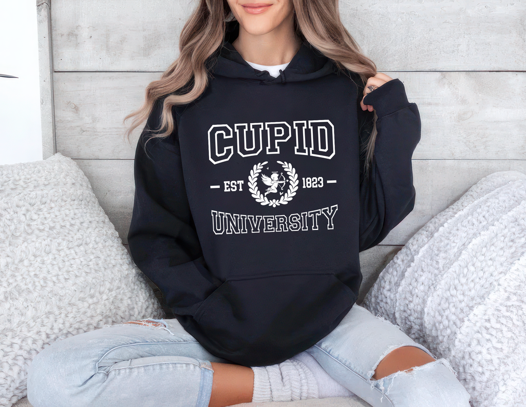 Cupid University Hoodie, Cute Valentine's Day Graphic Hoodie