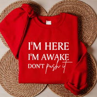 I'm Here I'm Awake Don't Push It Sweatshirt, Funny Gamer Apparel