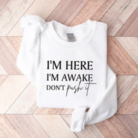 I'm Here I'm Awake Don't Push It Sweatshirt, Funny Gamer Apparel