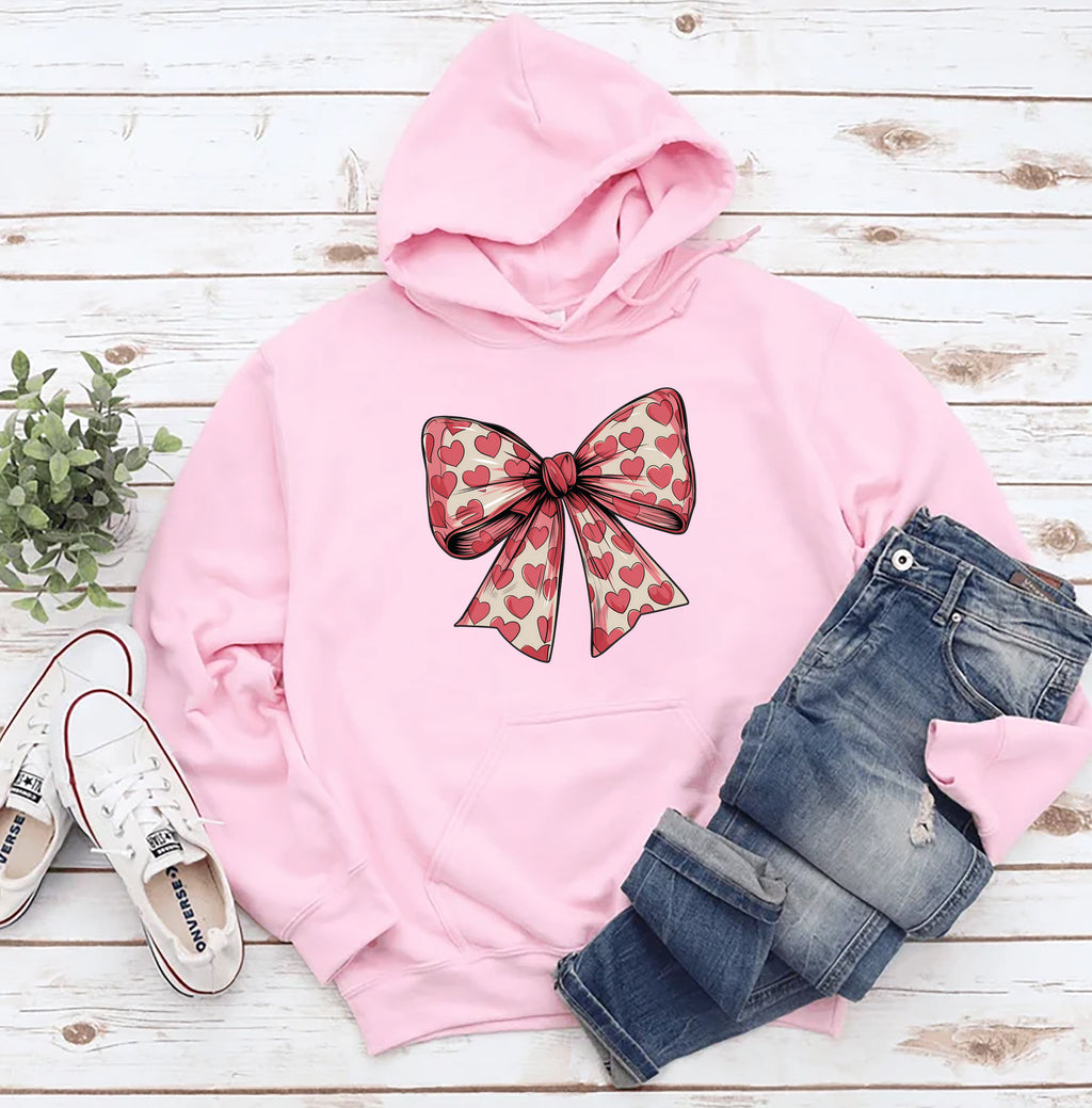 Coquette Valentine's Day Heart Bow Hoodie, Valentine's Day Bow Hoodie