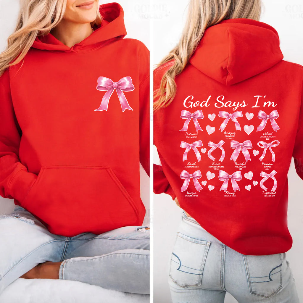 God Says I Am Coquette Bow Hoodie, Two-Sided Print Pullover Hoodie