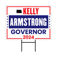 a political sign with the words kelly and armstrong in red, white,