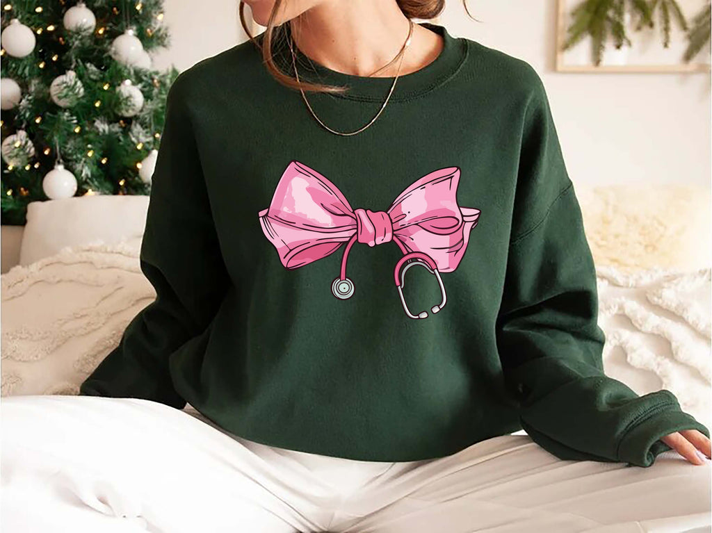 Coquette Nurse Stethoscope Bow Sweatshirt, Bow Stethoscope Sweatshirt