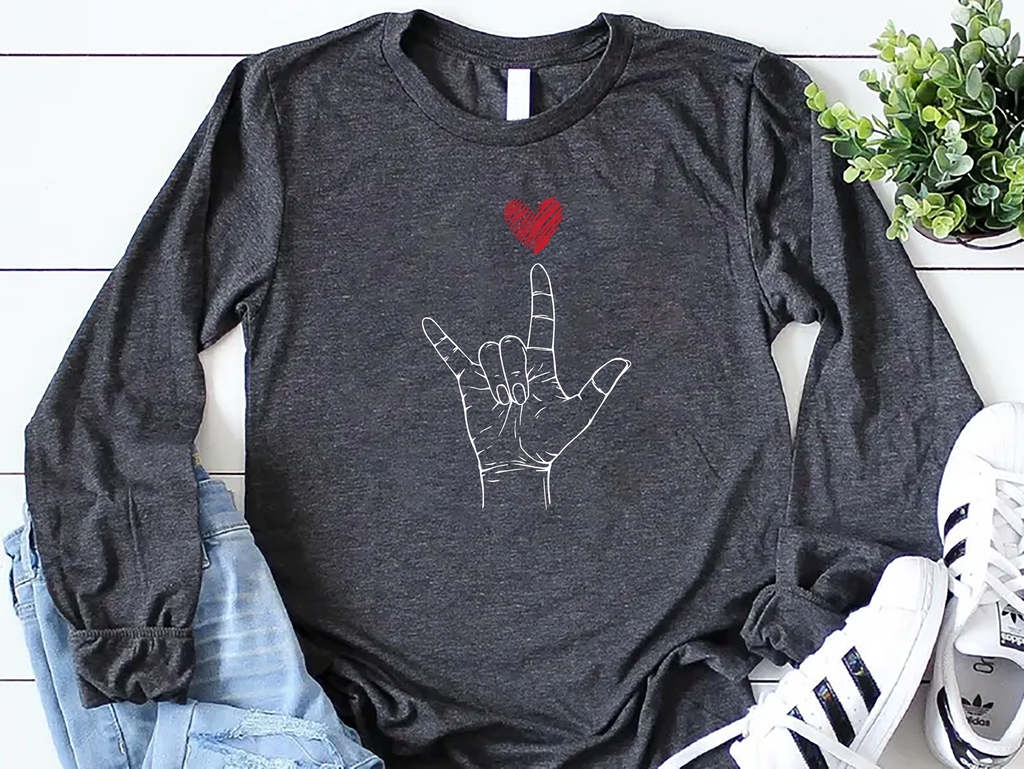 Valentine's Day I Love You ASL Long Sleeve Shirt, Heart Hand Sign Shirt