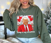 a woman wearing a trump is my valentine sweatshirt