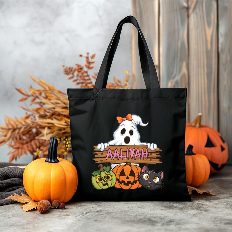 Personalized Halloween Tote Bag, Custom Name Trick or Treat Candy Bag