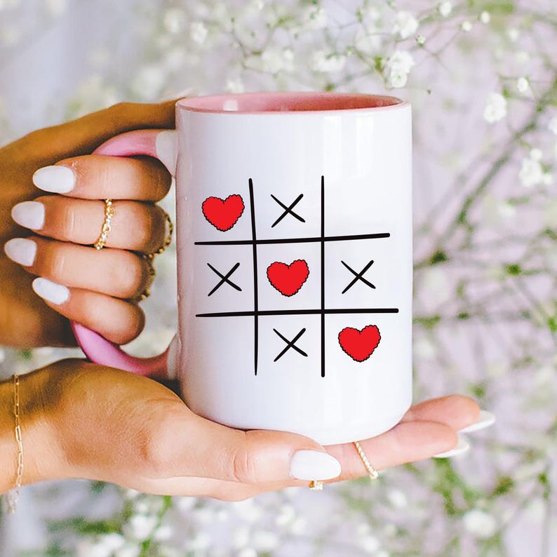 Valentine's Day Tic Tac Toe Mug, XOXO Red Heart Coffee Mug, Cute Valentine's Gift for Her, Love Coffee Cup, Romantic Kitchen Decor