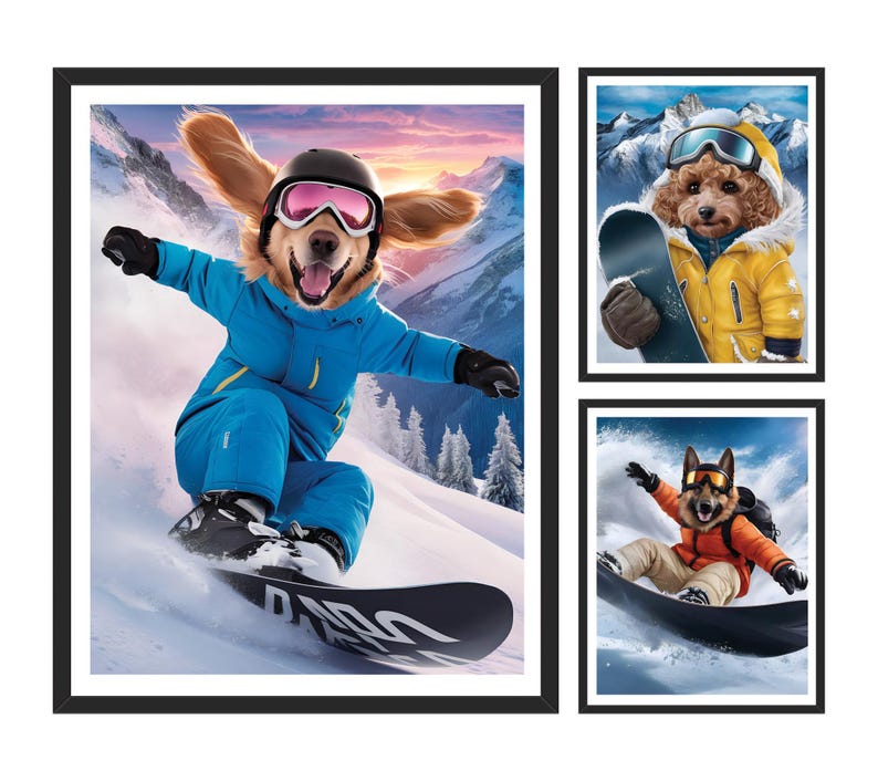 Custom Snowboarding Pet Portrait Artwork, Personalized Dog or Cat Painting