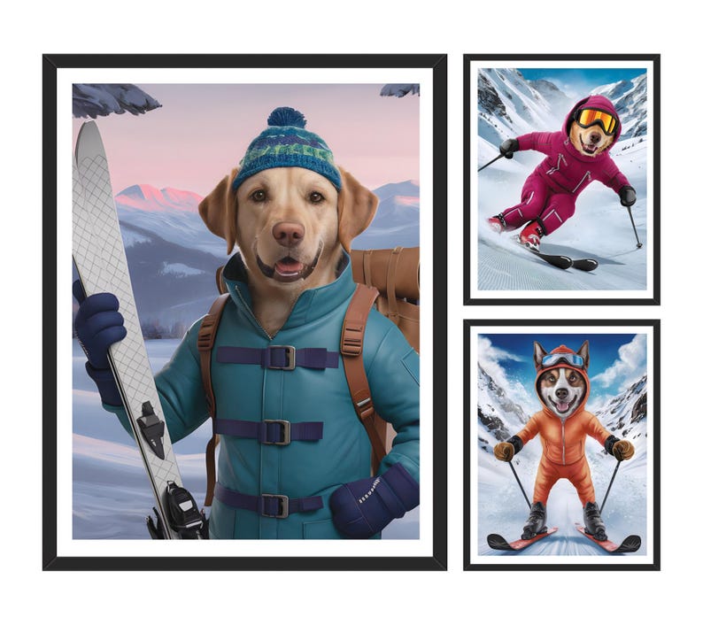 Personalized Skiing Pet Portrait, Custom Dog or Cat Painting, Snow Ski Gifts for Pet Lovers, Digital Prints, Skier-Themed Wall Art Decor