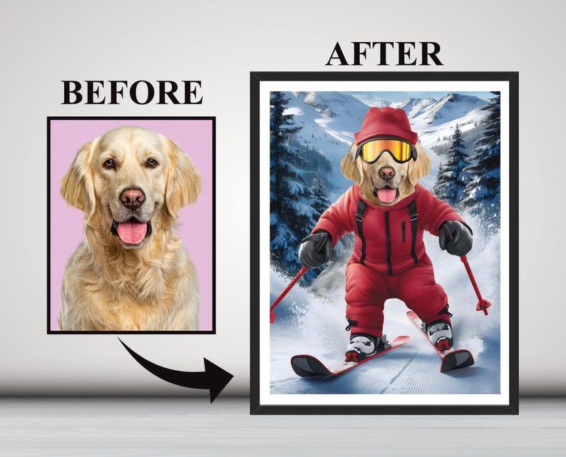 Personalized Skiing Pet Portrait, Custom Dog or Cat Painting