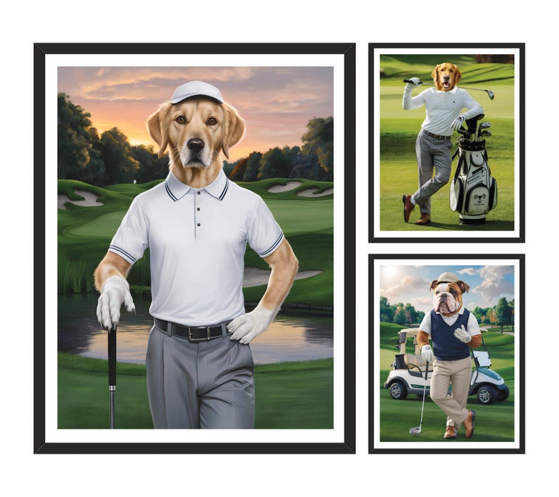 Personalized Golfer Dog Portrait, Custom Pet Wall Art, Funny Golf Gifts for Men, Unique Dog Dad Christmas Gift, Golfing Poster Home Decor