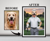 Personalized Golfer Dog Portrait, Custom Pet Wall Art, Funny Golf Gifts for Men, Unique Dog Dad Christmas Gift, Golfing Poster Home Decor