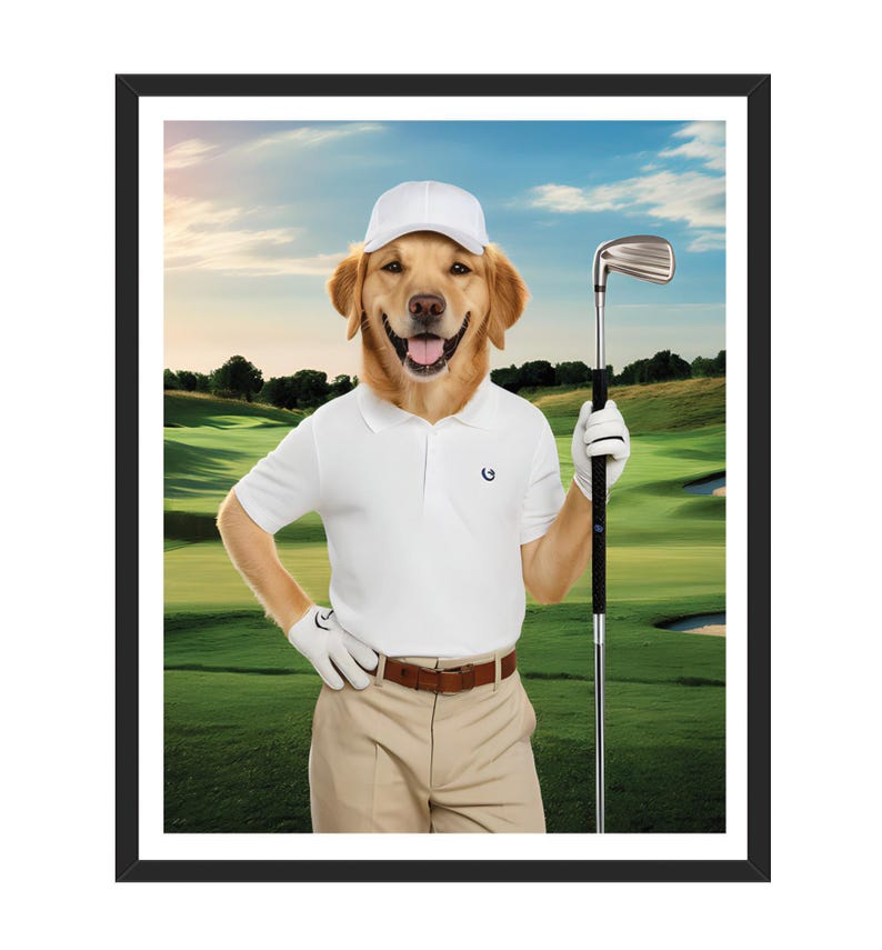 Personalized Golfer Dog Portrait, Custom Pet Wall Art, Funny Golf Gifts for Men