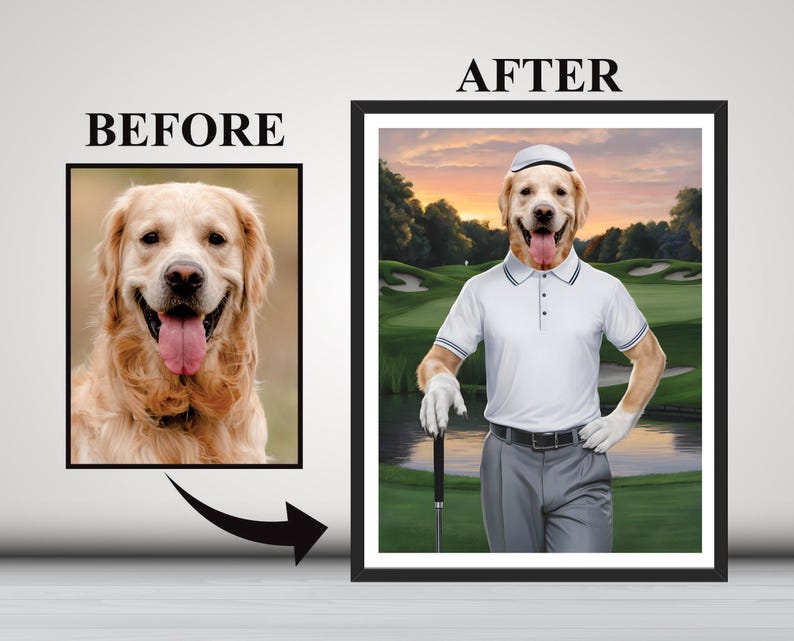 Personalized Golfer Dog Portrait, Custom Pet Wall Art, Funny Golf Gifts